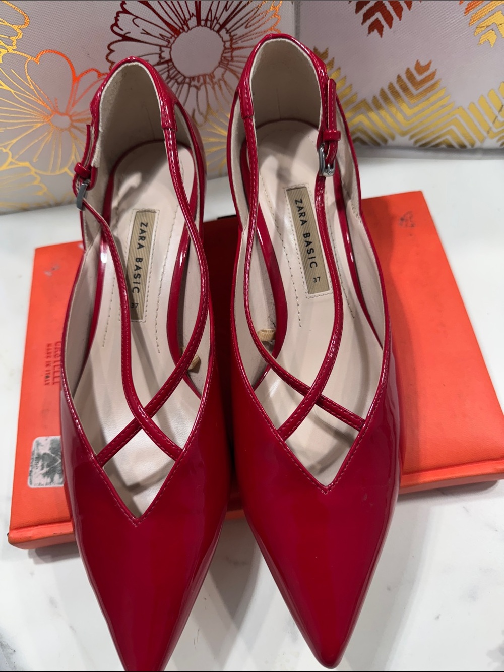 Zara Basic Kitten Heels Womens Size 37 Red Good Patent Strappy Pointed Toe